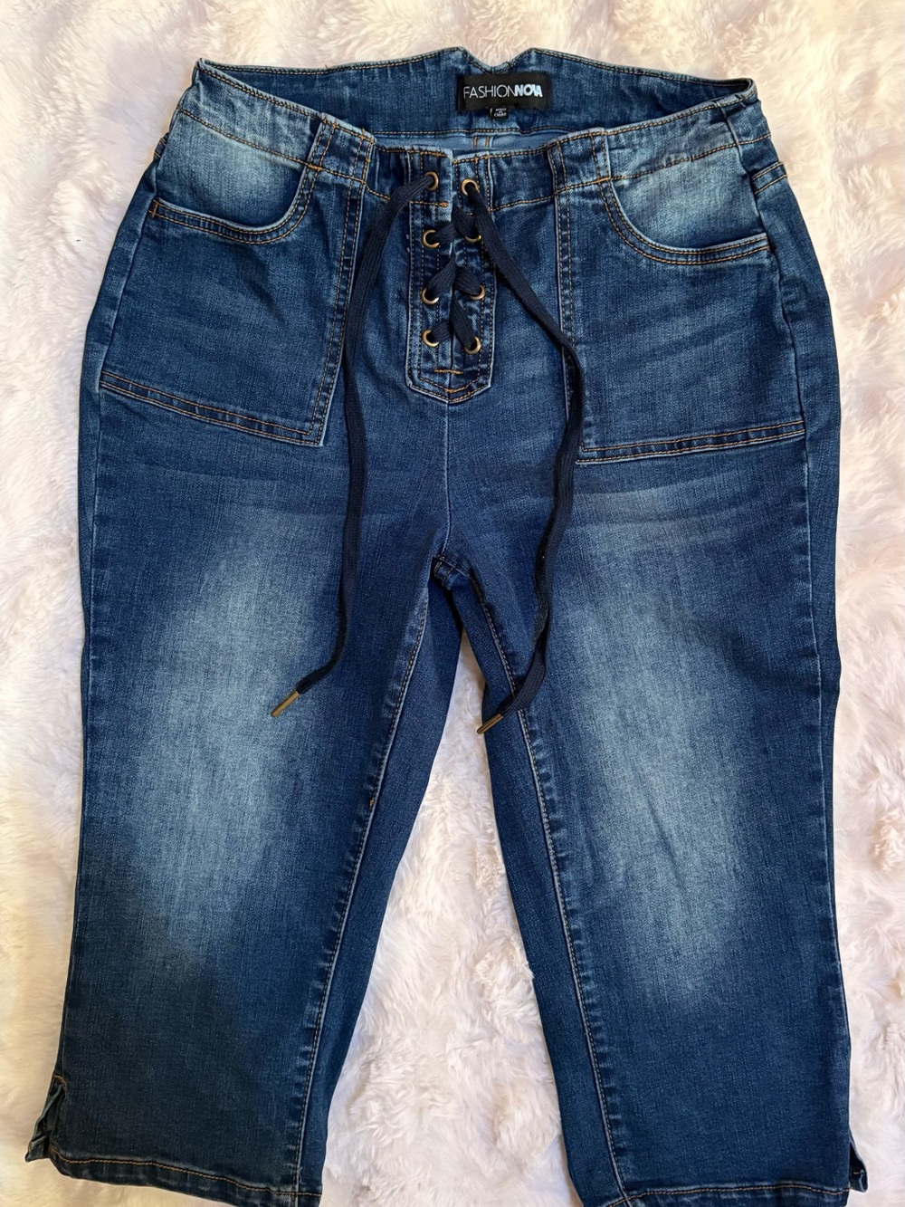 Fashion Nova Medium Blue Lace-Up Cropped Jeans